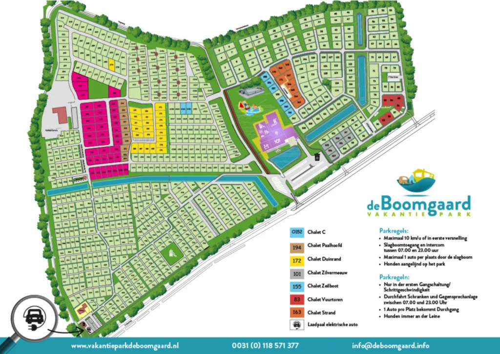 Plattegrond van Vakantiepark de Boomgaard, Westkapelle, Zeeland met gekleurde zones, legenda en contactgegevens onderaan.