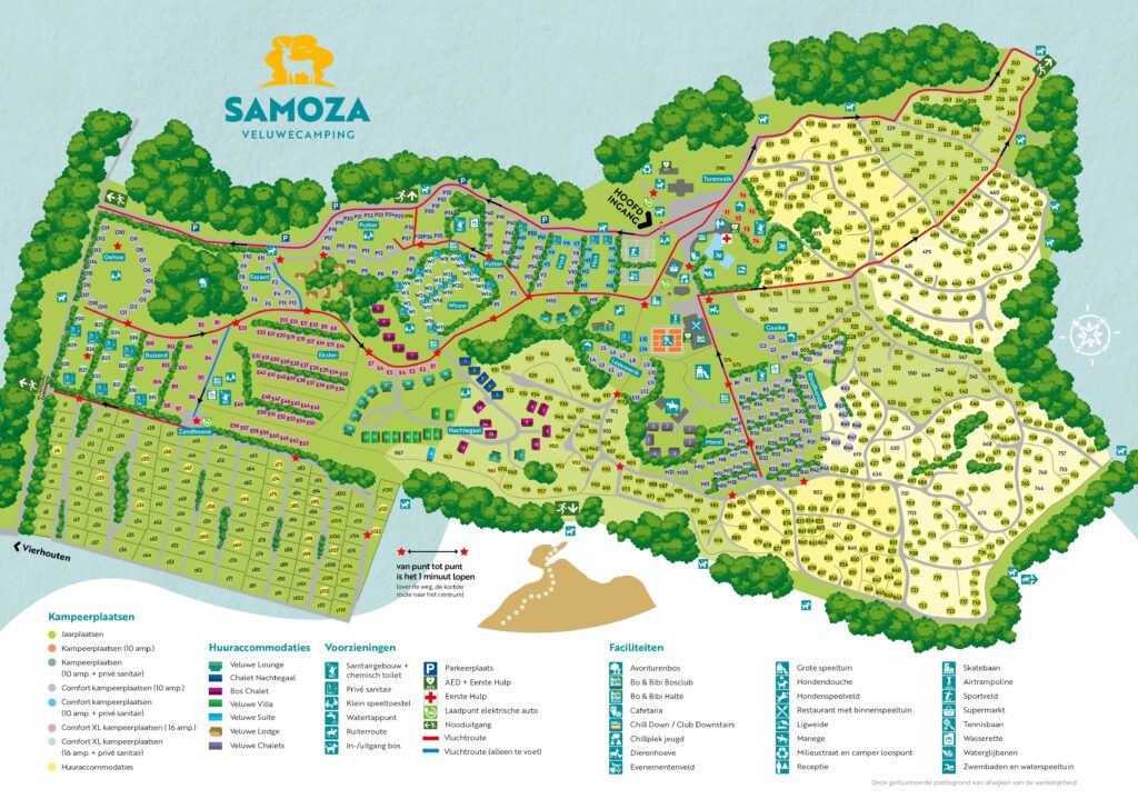 Overzichtelijke, kleurrijke plattegrond van kindvriendelijke camping met verhuur, faciliteiten, zandbak en legenda.