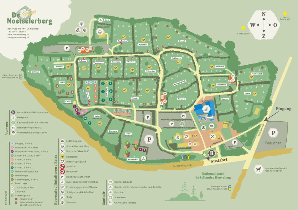 Kindvriendelijke camping in Overijssel met genummerde plekken, voorzieningen en groene ruimtes; labels in het Nederlands.