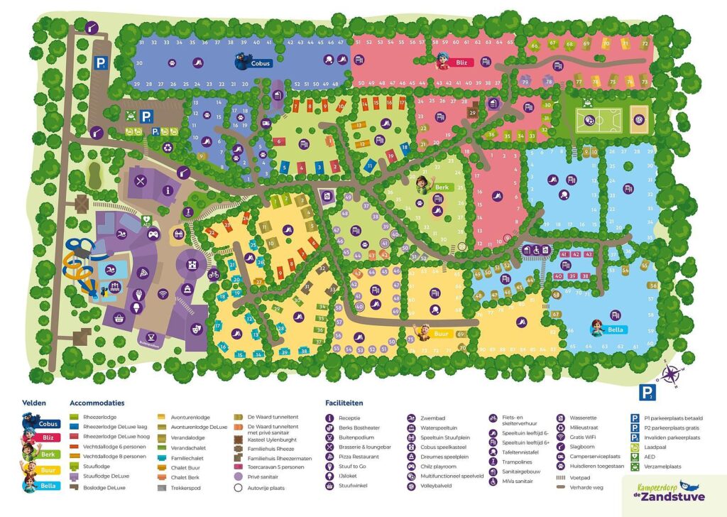 Gekleurde kaart van kindercamping in Overijssel met zones voor accommodaties, kampeerplekken, speelpleinen en parkeren.