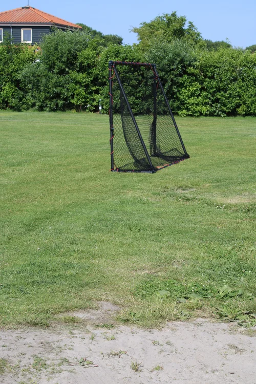 Zwart sportnet op grasveld bij Camping De Kolibrie, met groene struiken en huis met rood dak op zonnige dag.