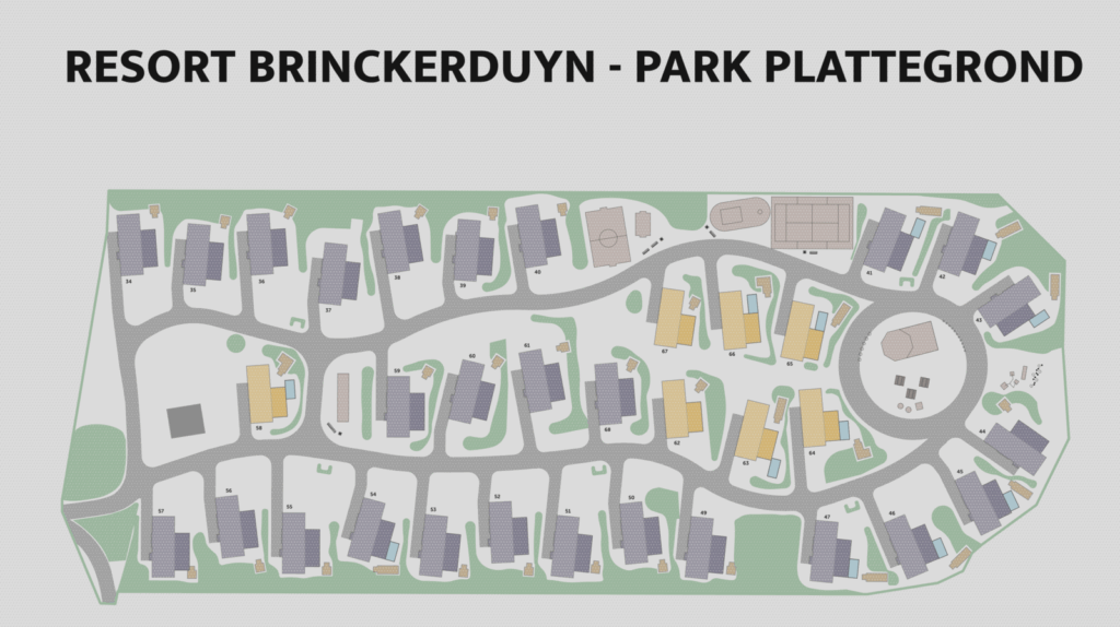 Plattegrond van Resort Brinckerduyn met gebouwen, paden, speelplekken en centraal veld in Friesland vakantiepark.