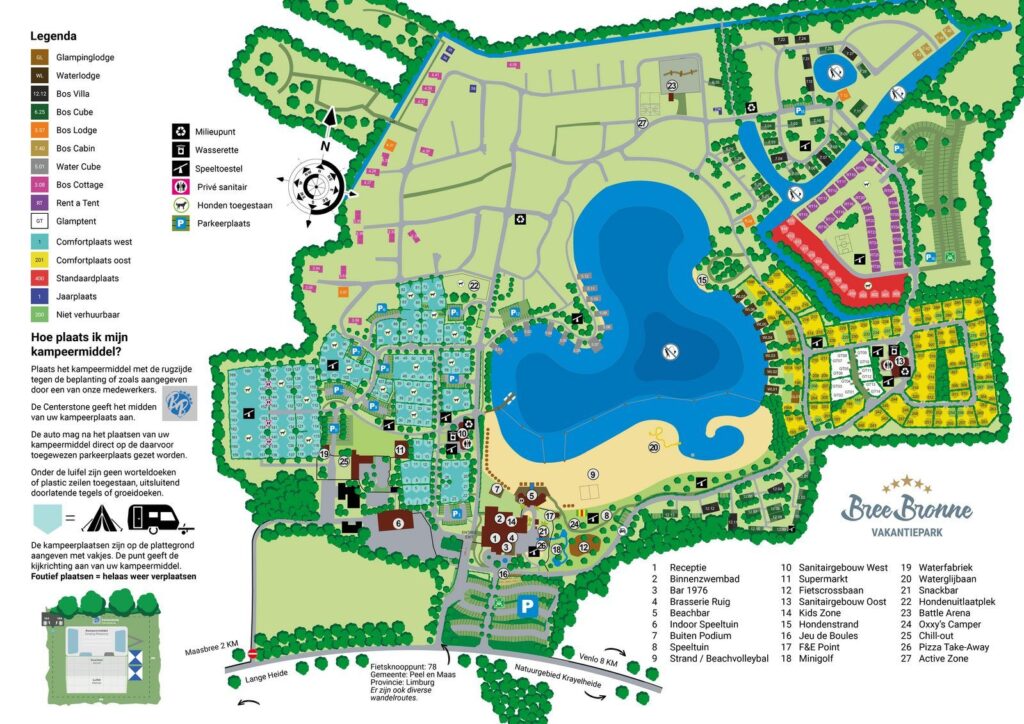 Getekende plattegrond van gezinsvakantiepark BreeBronne met camping, huisjes, meer met strand en speeltuinen in Limburg.