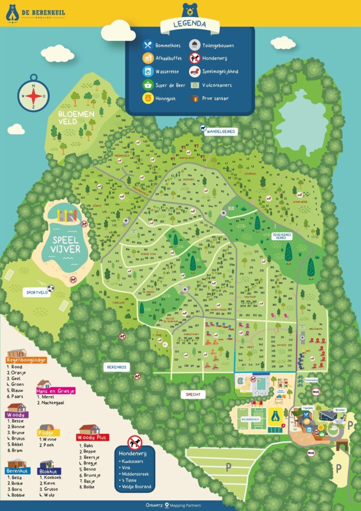 Overzichtskaart van camping De Berenkuil met 25 speeltuinen, zones, vijver, bomen, paden en legenda met symbolen.