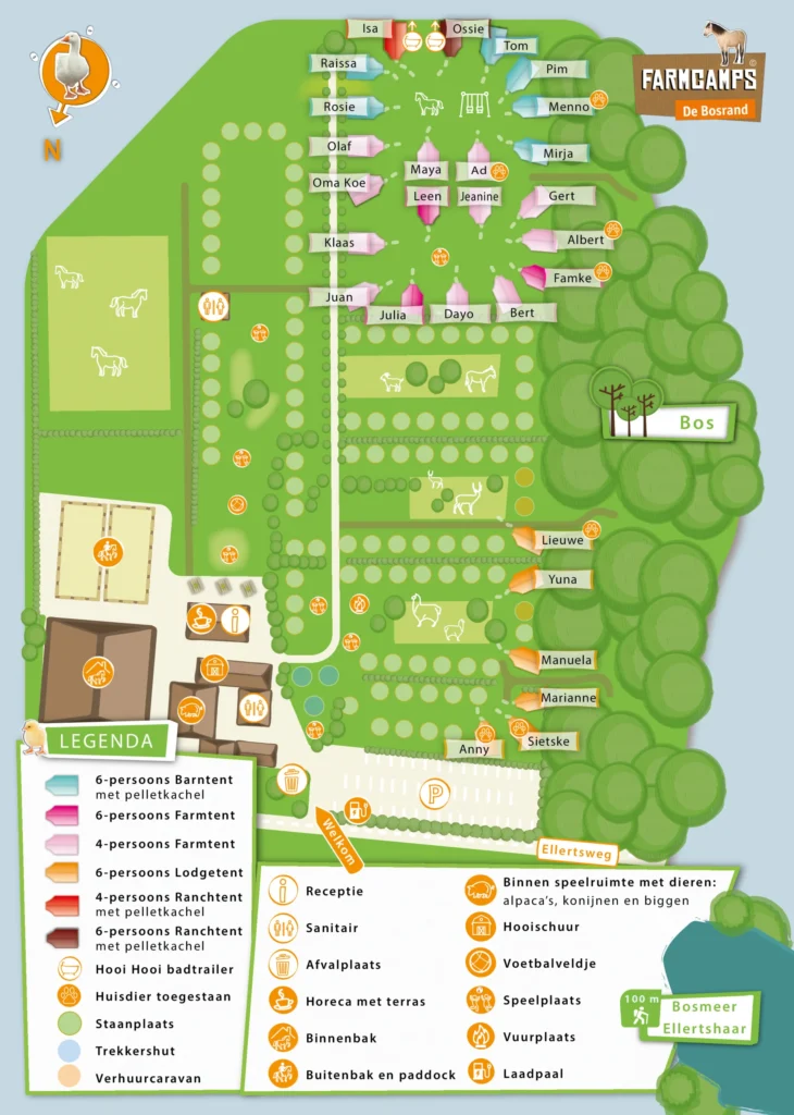 Overzichtskaart van FarmCamps Bosrand met accommodaties, speelplekken, boerderijzones, paden en icoontjes voor faciliteiten.
