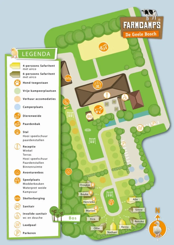 Overzichtelijke plattegrond van kindvriendelijke camping met paden, gebouwen, dierenverblijven, tenten en speeltuinen.