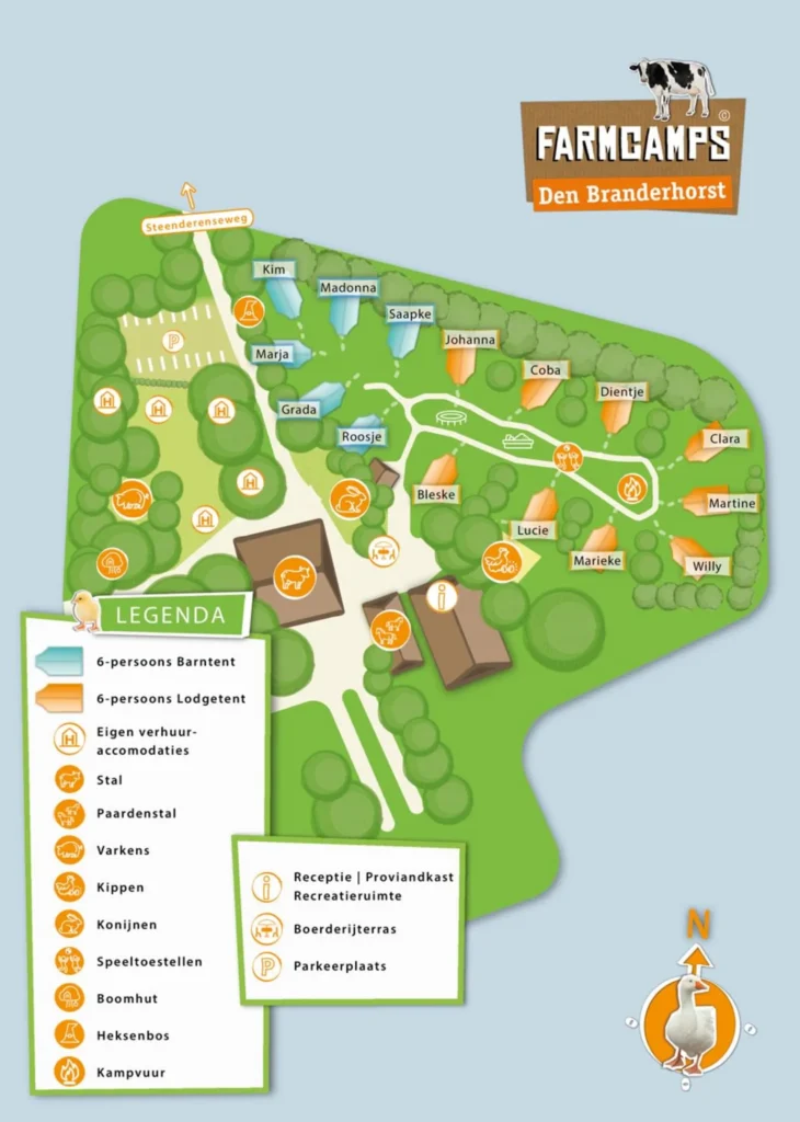 Plattegrond van FarmCamps Den Branderhorst met tenten, voorzieningen, dierenverblijven en speelplekken, plus legenda met iconen.