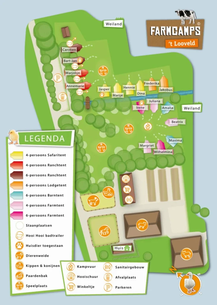 Illustratie van FarmCamps 't Looveld met unieke accommodaties, dierenverblijven, speeltuin en wandelpaden in grasvelden.