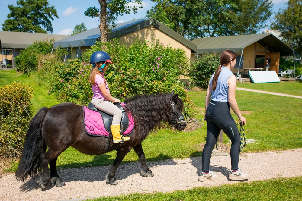 Een meisje rijdt op een zwarte pony met roze zadel, geleid door een ouder meisje op Farmcamps Fleur Stables langs tenten.