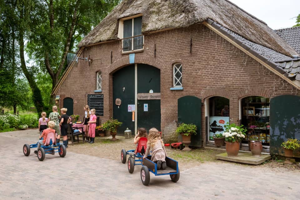 Kinderen racen op skelters bij een boerderij met rieten dak, terwijl gezinnen buiten aan tafel zitten bij FarmCamps Den Branderhorst.