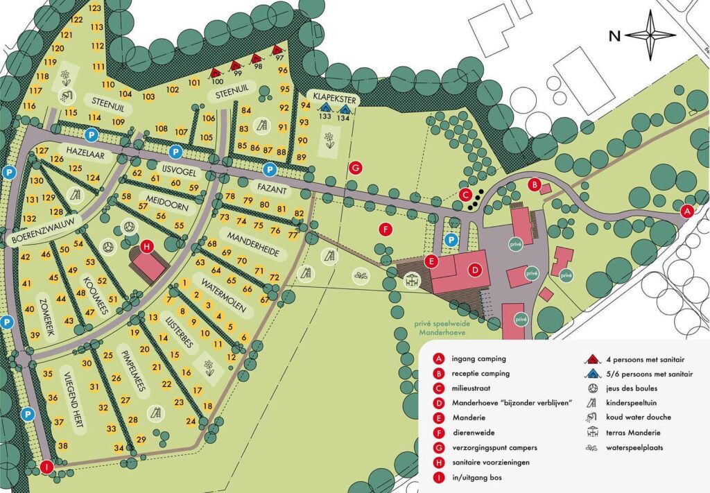 Gedetailleerde plattegrond van Camping Dal van de Mosbeek met genummerde plekken, paden, bomen en gemarkeerde voorzieningen.